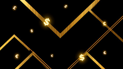 Abstract golden financial graph lines with currency symbols on a dark background representing economic growth and investment opportunities