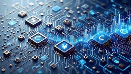 Abstract digital circuit board with glowing currency symbols representing global finance and technology innovation