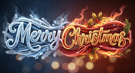 Merry Christmas written in icy blue and fiery red, adorned with frost and embers, conveying a festive holiday greeting