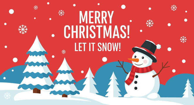 Joyful Merry Christmas scene with a friendly snowman and snow-covered trees evokes winter wonder and holiday cheer