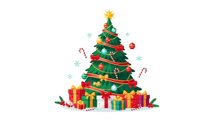 Vibrant Christmas tree adorned with festive ornaments, bows, and gifts, creating a joyful holiday scene perfect for seasonal promotions.