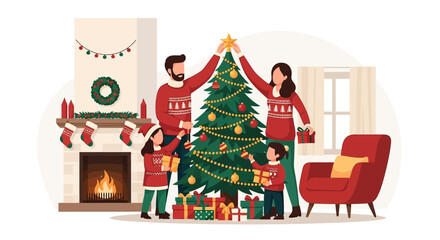 Joyful family decorates vibrant Christmas tree together, creating cherished holiday memories by cozy fireplace with gifts