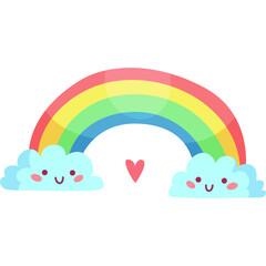 Colorful Rainbow Arc with Smiling Clouds and Pink Heart Isolated on Transparent Background Vibrant Sky Element
