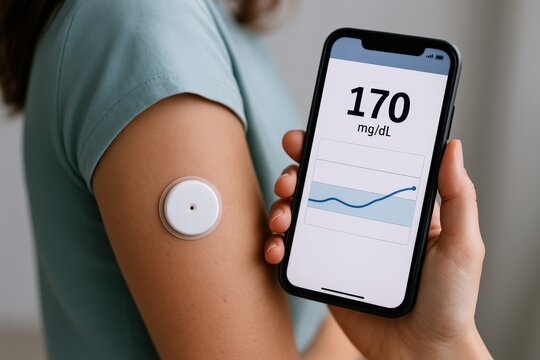 User embraces continuous glucose monitoring with an arm sensor, instantly viewing vital health data on a smartphone for proactive diabetes management