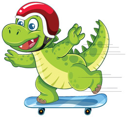 Cartoon Dinosaur Wearing Helmet Riding Skateboard Fast