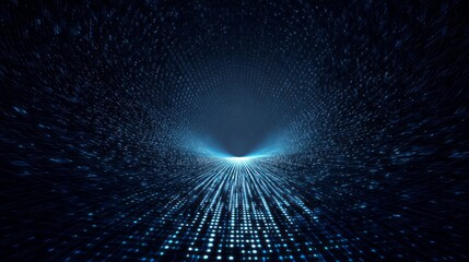 A tunnel of glowing blue digital particles creates a futuristic cyberspace concept.