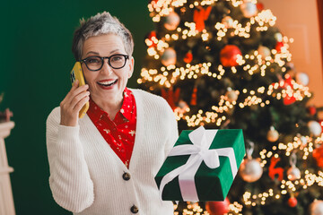 Senior woman celebrating Christmas while holding a gift and talking on a phone against tree...