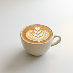 A latte art in a white ceramic mug with a heart and leaf pattern on a white surface