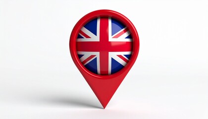 "Red map location pin featuring Union Jack flag inside circular top, set against plain white background."