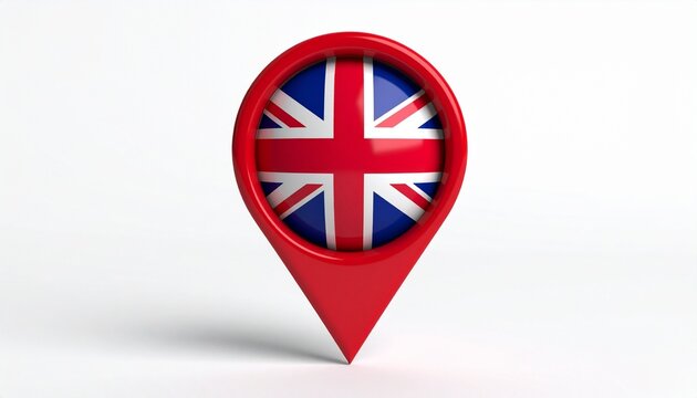 "Red map location pin featuring Union Jack flag inside circular top, set against plain white background."
