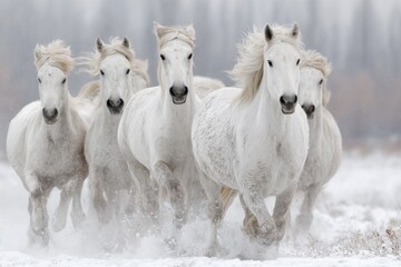 Obraz premium Majestic Camargue horses galloping through snowy winter landscape frontal view equine beauty in motion nature photography