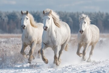 Naklejka premium Three White Horses Galloping Through Snowy Field Front View Winter Landscape Wildlife Nature Scene Outdoors