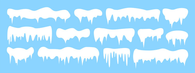 Set of simple snowy icicles border, snow caps vector winter elements
