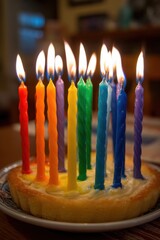 Celebration Cake with Rainbow Candles Burning Brightly Close Up View Home Setting Birthday Party