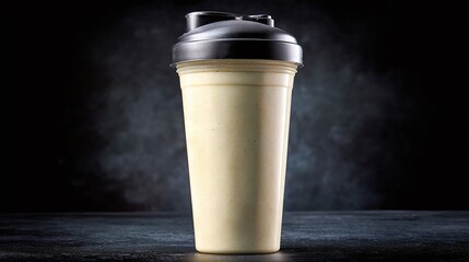 A protein shake in a shaker bottle, against a dark backdrop. A nutritious and convenient way to fuel your body with essential nutrients for muscle recovery and growth.