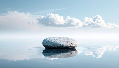 Smooth oval rock centered in calm reflective water, cloudy sky mirrored above, serene minimalist scene.