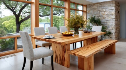 Fototapeta premium Modern rustic dining room with natural wood table and large windows