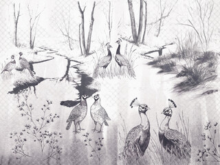 Decorative picture with wild birds and nature in vintage style. Wallpapaer, mural.	