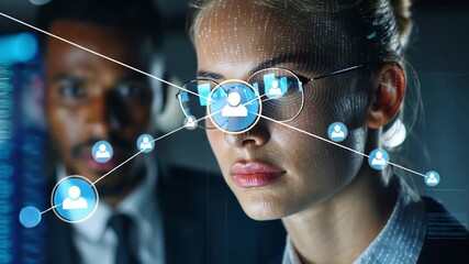 Data Analyst Vision: A focused analyst intently examines an interconnected network of user profiles on a digital interface, representing the intricate connections within a tech-driven landscape. - Powered by Adobe