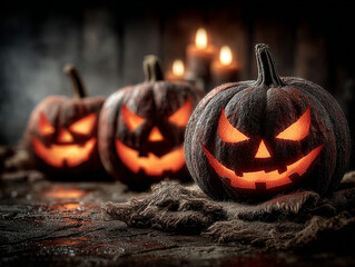 Three Scary Glowing Halloween Pumpkins With Candles Dark Rustic Background