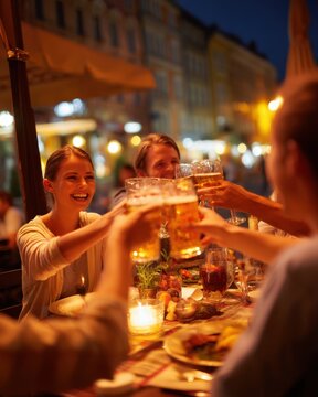 Friends toasting beers at outdoor restaurant at night in Europe low angle medium shot celebration