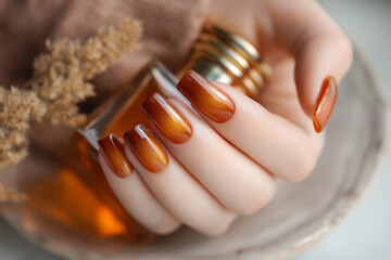 Close-up of a manicured hand with glossy amber ombre nails gently holding a glass perfume bottle, showcasing elegant nail art, warm tones and refined beauty styling in soft focus.