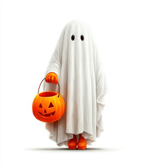 Cute Ghost Character With Orange Accessories Holding Pumpkin Bucket