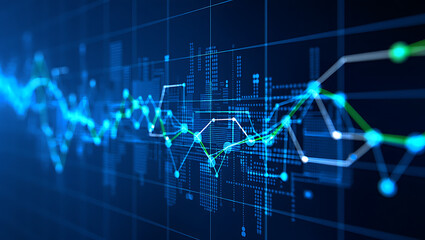 Abstract digital data visualization with glowing blue and green lines representing financial market trends and growth over time