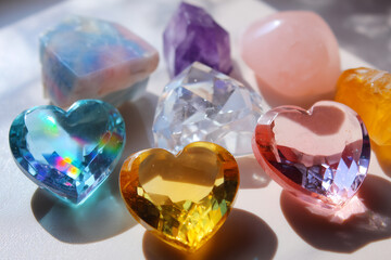 Close-up of colorful heart-shaped glass gems and assorted crystal stones arranged on a white surface, catching light and casting soft rainbow reflections and sparkling highlights.
