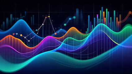 Abstract colorful data visualization with glowing lines and bars representing financial charts and analytics on a dark background