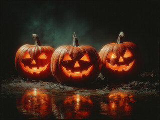Three Halloween Jack O Lanterns Reflecting On Wet Dark Ground