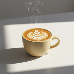 A steaming cup of latte with latte art on a white surface with soft lighting effect