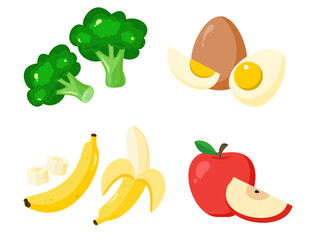 Editable vector illustration of healthy food ingredients. broccoli, banana, apple, and egg. Perfect for restaurant menu design, healthy lifestyle branding, food packaging, and digital marketing