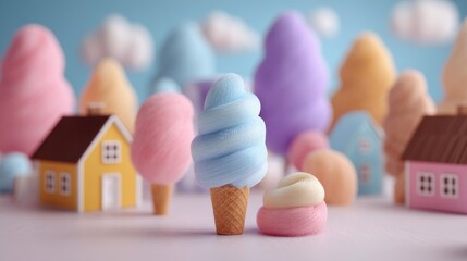 Whimsical Candy Land Still Life featuring Pastel Houses and Cotton Candy Trees and Ice Cream Cones Dreamy Miniature World