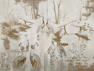 Generated imageDecorative picture with wild birds and nature in vintage style. Wallpapaer, mural.  © lucja_lusilas.pl