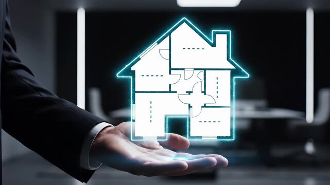 Businessman holds holographic house blueprint with glowing digital interface. Smart home technology concept features futuristic architectural floorplan projection. Real estate innovation, property