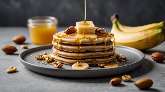 pancakes with honey, nuts and bananas - Powered by Adobe