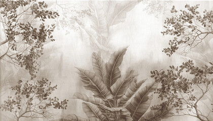Jungle background in sepia. Ilustration for wallpaper. Mural.