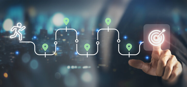 Journey to the goal , business planning concept. Touching a glowing target icon on a connected path with milestones and a running figure. Planning, progress and chievement toward business goals. - Powered by Adobe