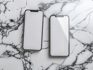 Two blank smartphones on marble background for mockup or app design