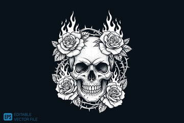 Skull with Roses and Thorns in Flames Vector Illustration.