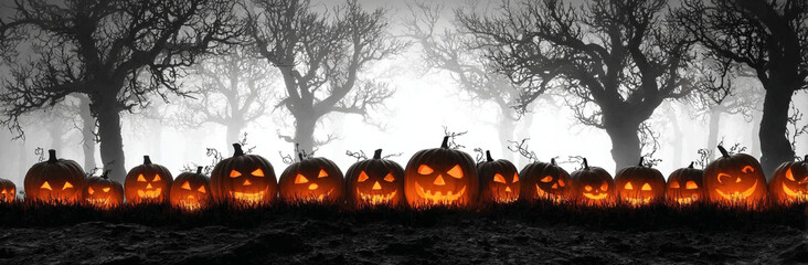 Scary Halloween Pumpkins Glowing In Foggy Haunted Forest