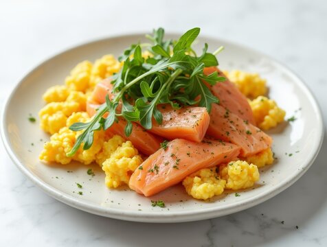 scrambled eggs and salmon pieces for breakfast