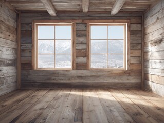 Rustic Cabin Interior with Mountain View through Windows Natural Light Wooden Walls and Floors Cozy Retreat