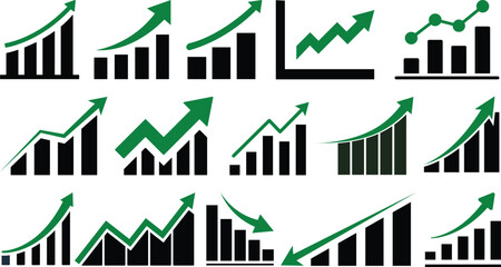 Growing Graph icon set.A dynamic illustration featuring a rising chart with arrow, business bar sign, and progress bar symbol, representing success and profit growth. Ideal for apps, websites.