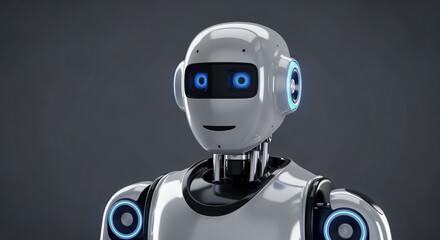 Futuristic Humanoid Robot with Glowing Blue Eyes and Friendly Face, Symbolizing Artificial Intelligence and Advanced Technology