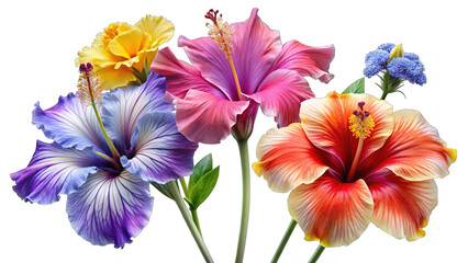 A vibrant bouquet of hibiscus flowers in various colors including pink, purple, orange, and yellow, with a small cluster of blue flowers, isolated on transparent background