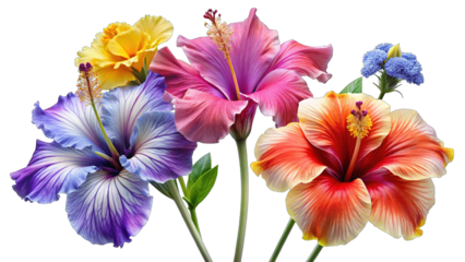 A vibrant bouquet of hibiscus flowers in various colors including pink, purple, orange, and yellow, with a small cluster of blue flowers, isolated on transparent background