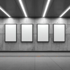 Four blank posters on subway wall, eye level view of advertisement space in underground station, modern gray tile and fluorescent lighting, mockup template