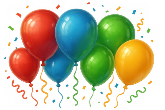 Bright helium balloons in red, blue, green, and yellow floating with scattered confetti and curly ribbons, ready for festivities